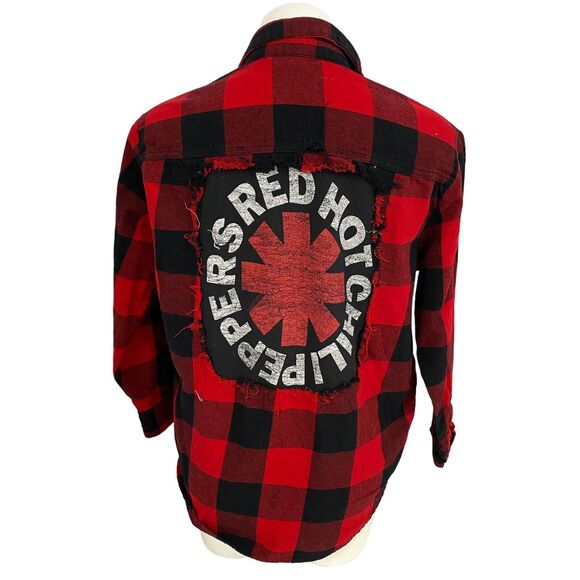 Upcycled Flannel Shirt Womens Medium Shacket Chili Peppers Red Country Grunge - Picture 11 of 16